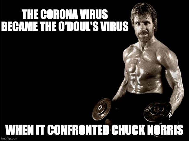 Chuck Morphs the Corona Virus | THE CORONA VIRUS BECAME THE O'DOUL'S VIRUS; WHEN IT CONFRONTED CHUCK NORRIS | image tagged in chuck norris lifting | made w/ Imgflip meme maker