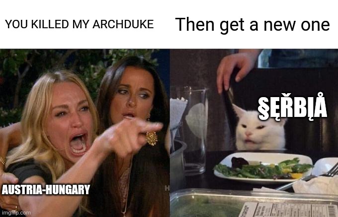 Woman Yelling At Cat Meme | YOU KILLED MY ARCHDUKE; Then get a new one; §ĘŘBĮÅ; AUSTRIA-HUNGARY | image tagged in memes,woman yelling at cat | made w/ Imgflip meme maker