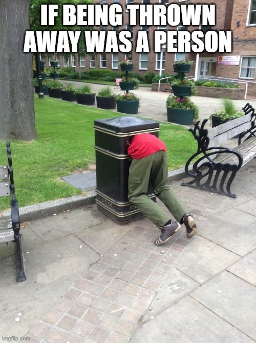 trashed | IF BEING THROWN AWAY WAS A PERSON | image tagged in trashed | made w/ Imgflip meme maker