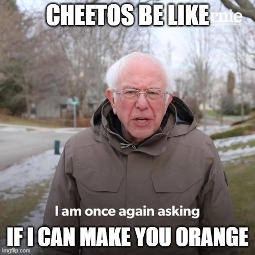 Bernie I Am Once Again Asking For Your Support Meme | CHEETOS BE LIKE; IF I CAN MAKE YOU ORANGE | image tagged in bernie i am once again asking for your support | made w/ Imgflip meme maker