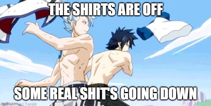 Gray and Leon shirtless | THE SHIRTS ARE OFF; SOME REAL SHIT'S GOING DOWN | image tagged in gray and leon shirtless | made w/ Imgflip meme maker