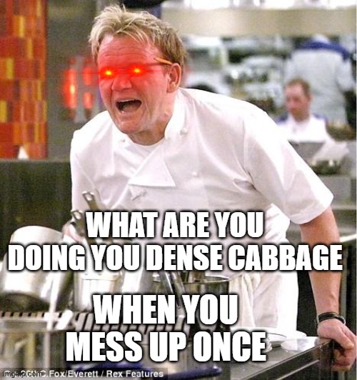 Chef Gordon Ramsay Meme | WHAT ARE YOU DOING YOU DENSE CABBAGE; WHEN YOU MESS UP ONCE | image tagged in memes,chef gordon ramsay | made w/ Imgflip meme maker