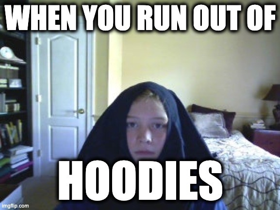 when you run out of hoodies | WHEN YOU RUN OUT OF; HOODIES | image tagged in memes,hoodie | made w/ Imgflip meme maker