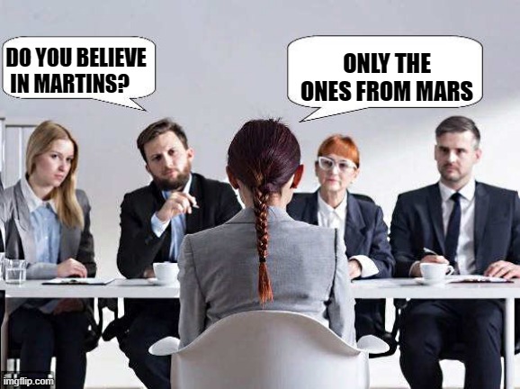 DO YOU BELIEVE IN MARTINS? ONLY THE ONES FROM MARS | image tagged in interview | made w/ Imgflip meme maker