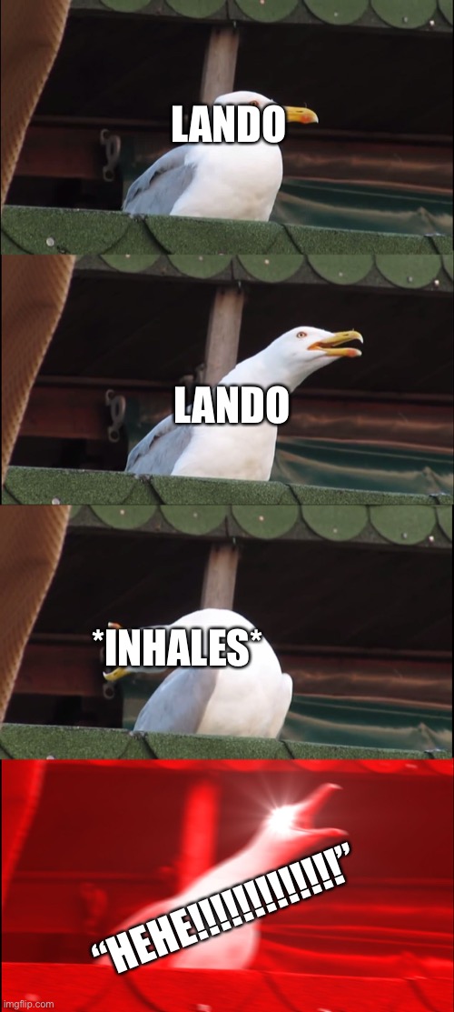 Inhaling Seagull | LANDO; LANDO; *INHALES*; “HEHE!!!!!!!!!!!!!” | image tagged in memes,inhaling seagull | made w/ Imgflip meme maker