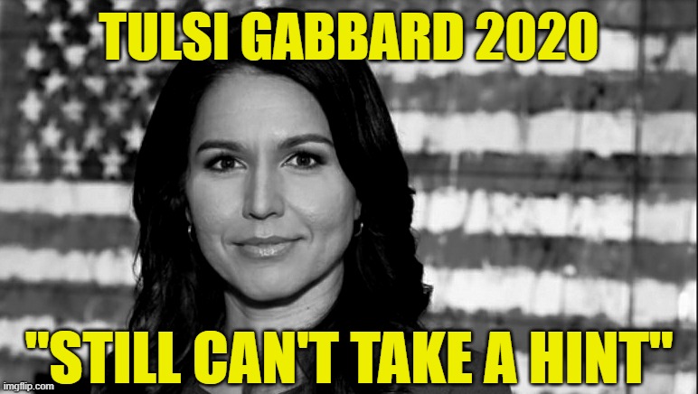 She's still in the race! Amazing! May she continue to fascinate all y'all on the right | TULSI GABBARD 2020; "STILL CAN'T TAKE A HINT" | image tagged in tulsi gabbard,election 2020,democrats,democratic party,primary,dino | made w/ Imgflip meme maker