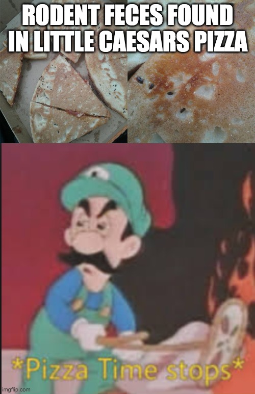 RODENT FECES FOUND IN LITTLE CAESARS PIZZA | image tagged in pizza time stops | made w/ Imgflip meme maker