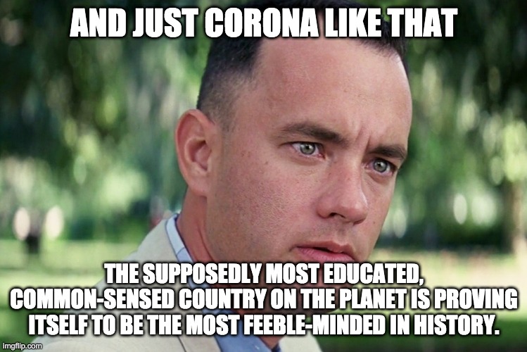 And Just Like That | AND JUST CORONA LIKE THAT; THE SUPPOSEDLY MOST EDUCATED, COMMON-SENSED COUNTRY ON THE PLANET IS PROVING ITSELF TO BE THE MOST FEEBLE-MINDED IN HISTORY. | image tagged in memes,and just like that | made w/ Imgflip meme maker