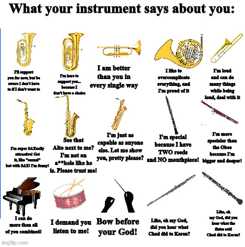 What your instrument says about you | What your instrument says about you:; I am better than you in every single way; I like to overcomplicate everything, and I'm proud of it; I'm here to support you... because I don't have a choice; I'm loud and can do many things while being loud, deal with it; I'll support you for now, but be aware I don't have to if I don't want to; I'm more specialer than the Oboe because I'm bigger and deeper! I'm just as capable as anyone else. Let me show you, pretty please? I'm special because I have TWO reeds and NO mouthpiece! See that Alto next to me? I'm not an a**hole like he is. Please trust me! I'm super SAXually attractive! Get it, like "sexual" but with SAX! I'm funny! Like, oh my God, did you hear what the flutes said Chad did to Karen? Bow before your God! I can do more than all of you combined! Like, oh my God, did you hear what Chad did to Karen? I demand you listen to me! | image tagged in instruments,band,brass,woodwinds,concert band,music | made w/ Imgflip meme maker