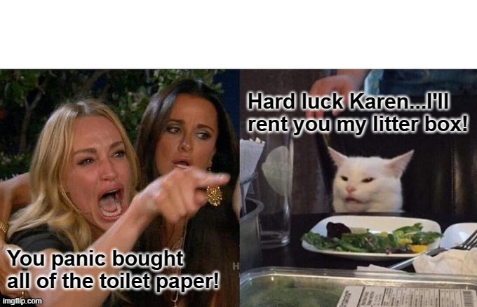 Woman Yelling At Cat | Hard luck Karen...I'll rent you my litter box! You panic bought all of the toilet paper! | image tagged in memes,woman yelling at cat | made w/ Imgflip meme maker