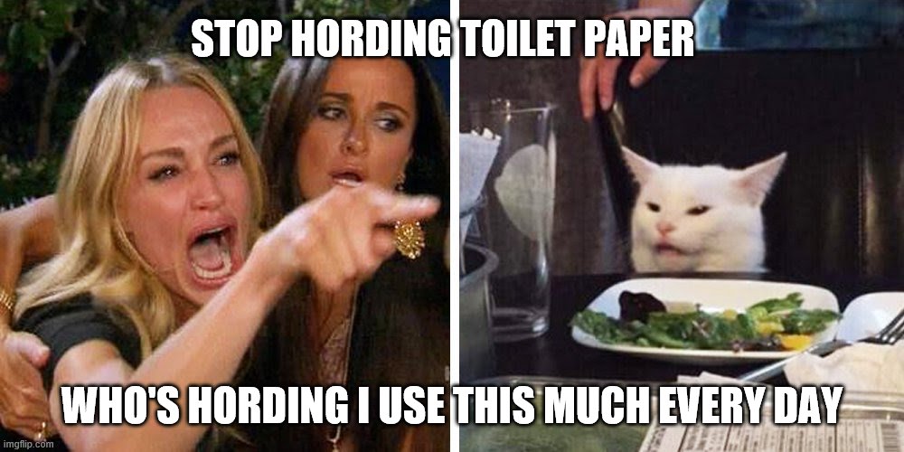 Smudge the cat | STOP HORDING TOILET PAPER; WHO'S HORDING I USE THIS MUCH EVERY DAY | image tagged in smudge the cat | made w/ Imgflip meme maker