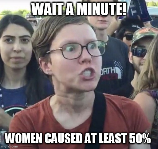 Triggered feminist | WAIT A MINUTE! WOMEN CAUSED AT LEAST 50% | image tagged in triggered feminist | made w/ Imgflip meme maker
