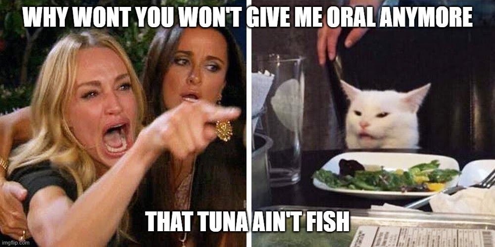 Smudge the cat | WHY WONT YOU WON'T GIVE ME ORAL ANYMORE; THAT TUNA AIN'T FISH | image tagged in smudge the cat | made w/ Imgflip meme maker