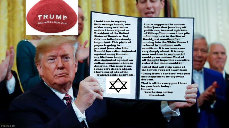 Trump loves the Jews yes u dew!!! | image tagged in donald trump,jewish,anti-semite and a racist,yamcha,israel,donald trump executive order | made w/ Imgflip meme maker