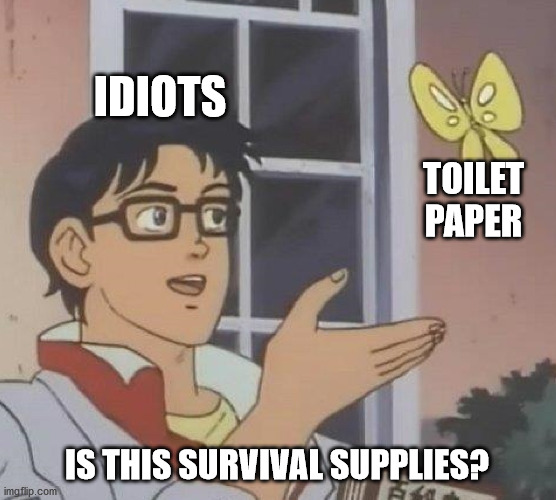 Is This A Pigeon | IDIOTS; TOILET PAPER; IS THIS SURVIVAL SUPPLIES? | image tagged in memes,is this a pigeon | made w/ Imgflip meme maker