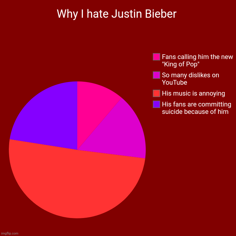 Why I hate Justin Bieber | His fans are committing suicide because of him, His music is annoying, So many dislikes on YouTube, Fans calling  | image tagged in charts,pie charts | made w/ Imgflip chart maker