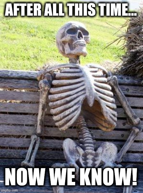 Waiting Skeleton Meme | AFTER ALL THIS TIME... NOW WE KNOW! | image tagged in memes,waiting skeleton | made w/ Imgflip meme maker