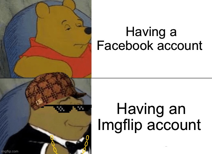 Tuxedo Winnie The Pooh | Having a Facebook account; Having an Imgflip account | image tagged in memes,tuxedo winnie the pooh | made w/ Imgflip meme maker