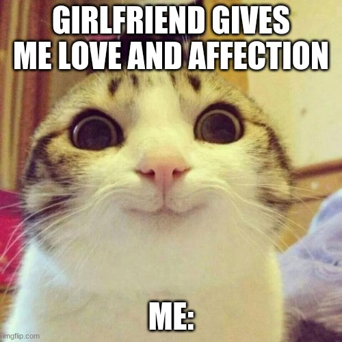 Smiling Cat | GIRLFRIEND GIVES ME LOVE AND AFFECTION; ME: | image tagged in memes,smiling cat | made w/ Imgflip meme maker