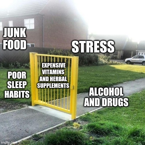 Vitamins can't save you | JUNK FOOD; STRESS; EXPENSIVE VITAMINS AND HERBAL SUPPLEMENTS; POOR SLEEP HABITS; ALCOHOL AND DRUGS | image tagged in false sense of security,bad health,meme,coronavirus | made w/ Imgflip meme maker