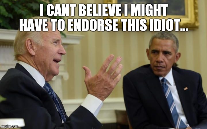 Obama Biden | I CANT BELIEVE I MIGHT HAVE TO ENDORSE THIS IDIOT... | image tagged in obama biden | made w/ Imgflip meme maker