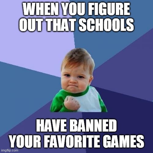 Success Kid Meme | WHEN YOU FIGURE OUT THAT SCHOOLS; HAVE BANNED YOUR FAVORITE GAMES | image tagged in rage face | made w/ Imgflip meme maker