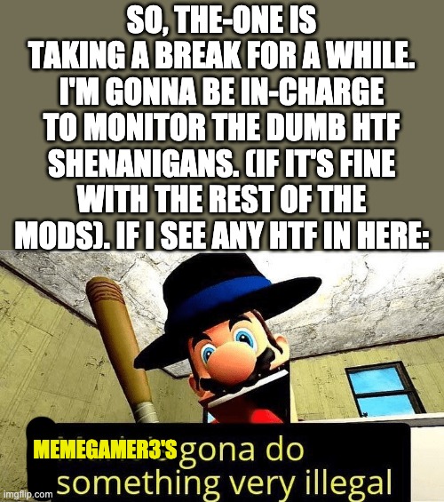 Mark my Damm words | SO, THE-ONE IS TAKING A BREAK FOR A WHILE. I'M GONNA BE IN-CHARGE TO MONITOR THE DUMB HTF SHENANIGANS. (IF IT'S FINE WITH THE REST OF THE MODS). IF I SEE ANY HTF IN HERE:; MEMEGAMER3'S | image tagged in marios gonna do something very illegal | made w/ Imgflip meme maker