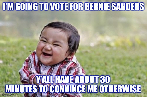 Voting Bernie Sanders: Unless someone has a better idea! | I’M GOING TO VOTE FOR BERNIE SANDERS; Y’ALL HAVE ABOUT 30 MINUTES TO CONVINCE ME OTHERWISE | image tagged in memes,evil toddler,bernie sanders,bernie,vote bernie sanders,election 2020 | made w/ Imgflip meme maker