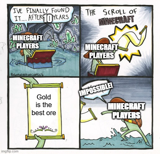 The Scroll Of Truth Meme | MINECRAFT; 10; MINECRAFT PLAYERS; MINECRAFT PLAYERS; IMPOSSIBLE! Gold is the best ore; MINECRAFT PLAYERS | image tagged in memes,the scroll of truth | made w/ Imgflip meme maker