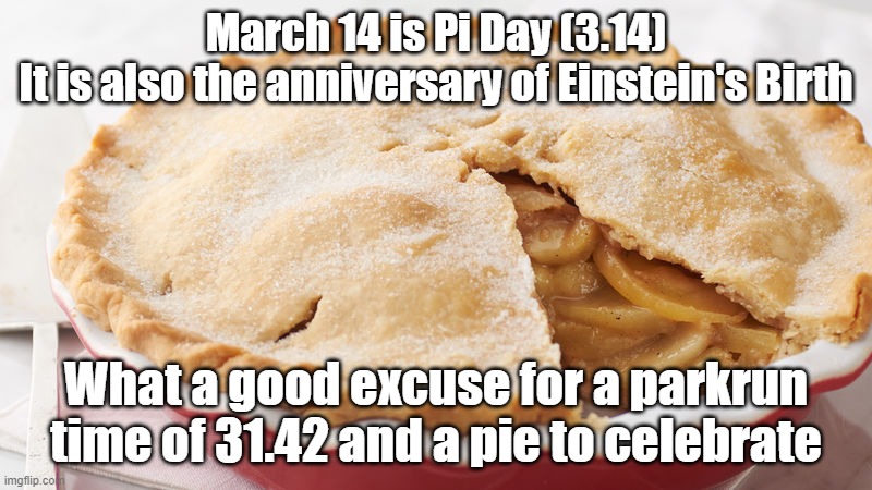 parkrun Pi Day | March 14 is Pi Day (3.14)
It is also the anniversary of Einstein's Birth; What a good excuse for a parkrun time of 31.42 and a pie to celebrate | image tagged in parkrun,einstein,pie | made w/ Imgflip meme maker