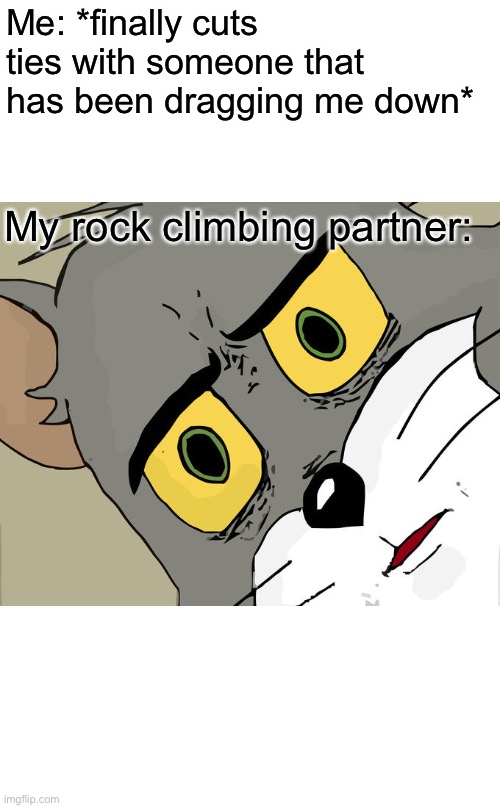 Unsettled Tom Meme | Me: *finally cuts ties with someone that has been dragging me down*; My rock climbing partner: | image tagged in memes,unsettled tom | made w/ Imgflip meme maker