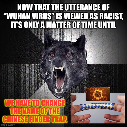 Chinese Finger Trap is racist now | NOW THAT THE UTTERANCE OF “WUHAN VIRUS” IS VIEWED AS RACIST, IT’S ONLY A MATTER OF TIME UNTIL; WE HAVE TO CHANGE THE NAME OF THE CHINESE FINGER TRAP. | image tagged in memes,insanity wolf,chinese,finger,virus,racist | made w/ Imgflip meme maker