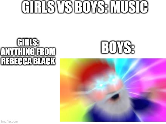 Girls vs boys: music | GIRLS VS BOYS: MUSIC; GIRLS: ANYTHING FROM REBECCA BLACK; BOYS: | image tagged in blankwhitetemplaye,gnome,girlsvsboys | made w/ Imgflip meme maker