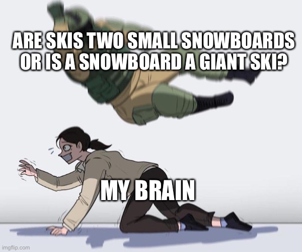 It could reallly go either way | ARE SKIS TWO SMALL SNOWBOARDS OR IS A SNOWBOARD A GIANT SKI? MY BRAIN | image tagged in brain,skiing,snowboarding | made w/ Imgflip meme maker