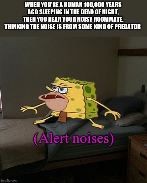 Caveman Spongebob in Barracks | WHEN YOU'RE A HUMAN 100,000 YEARS AGO SLEEPING IN THE DEAD OF NIGHT, THEN YOU HEAR YOUR NOISY ROOMMATE, THINKING THE NOISE IS FROM SOME KIND OF PREDATOR; (Alert noises) | image tagged in caveman spongebob in barracks | made w/ Imgflip meme maker