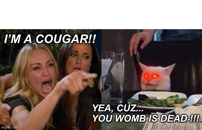 Woman Yelling At Cat | I’M A COUGAR!! YEA, CUZ... YOU WOMB IS DEAD !!! | image tagged in memes,woman yelling at cat | made w/ Imgflip meme maker