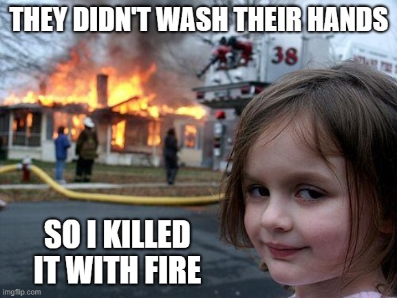 Disaster Girl | THEY DIDN'T WASH THEIR HANDS; SO I KILLED IT WITH FIRE | image tagged in memes,disaster girl | made w/ Imgflip meme maker