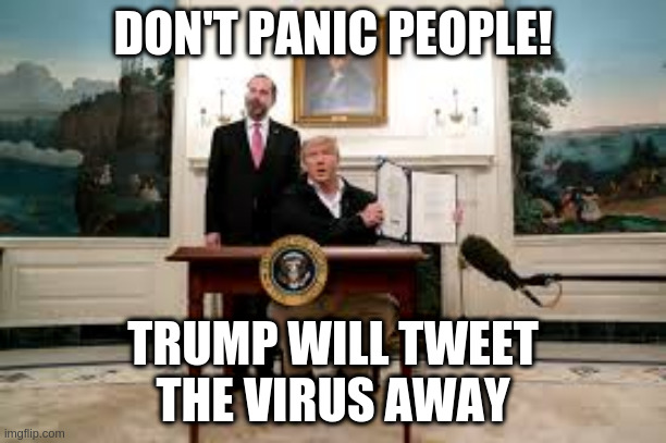 Donny Tweets Covid-19 Away | DON'T PANIC PEOPLE! TRUMP WILL TWEET
THE VIRUS AWAY | image tagged in donald trump,coronavirus,trump twitter | made w/ Imgflip meme maker