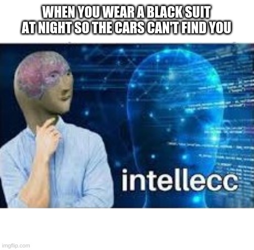 intellecc | WHEN YOU WEAR A BLACK SUIT AT NIGHT SO THE CARS CAN'T FIND YOU | image tagged in intellecc | made w/ Imgflip meme maker