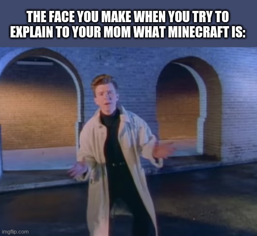 THE FACE YOU MAKE WHEN YOU TRY TO EXPLAIN TO YOUR MOM WHAT MINECRAFT IS: | image tagged in rick roll,never gonna give you up,meme,minecraft,memes | made w/ Imgflip meme maker