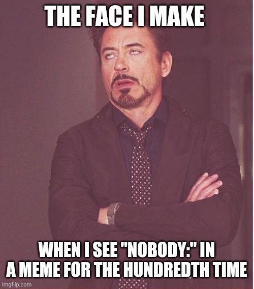 Face You Make Robert Downey Jr Meme | THE FACE I MAKE; WHEN I SEE "NOBODY:" IN A MEME FOR THE HUNDREDTH TIME | image tagged in memes,face you make robert downey jr | made w/ Imgflip meme maker