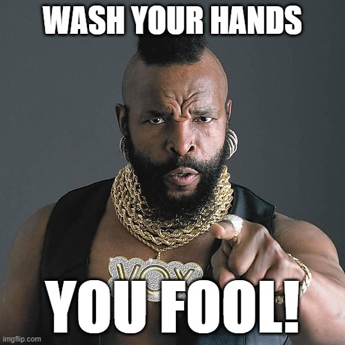 Mr T Pity The Fool | WASH YOUR HANDS; YOU FOOL! | image tagged in memes,mr t pity the fool | made w/ Imgflip meme maker