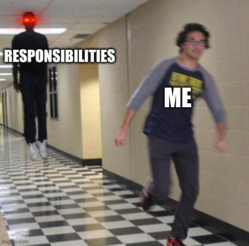 I WILL NOT TAKE THE TRASH OUT OR DO MY HOMEWORK | RESPONSIBILITIES; ME | image tagged in floating boy chasing running boy,funny,responsibility,oh hell no | made w/ Imgflip meme maker