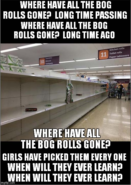 I sang this at the top of my voice today,  in my local supermarket ! | WHERE HAVE ALL THE BOG ROLLS GONE?  LONG TIME PASSING; WHERE HAVE ALL THE BOG ROLLS GONE?  LONG TIME AGO; WHERE HAVE ALL THE BOG ROLLS GONE? GIRLS HAVE PICKED THEM EVERY ONE; WHEN WILL THEY EVER LEARN? WHEN WILL THEY EVER LEARN? | image tagged in fun,coronavirus,toilet paper | made w/ Imgflip meme maker
