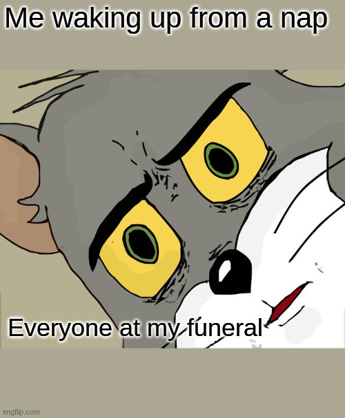 Unsettled Tom Meme | Me waking up from a nap; Everyone at my funeral | image tagged in memes,unsettled tom | made w/ Imgflip meme maker