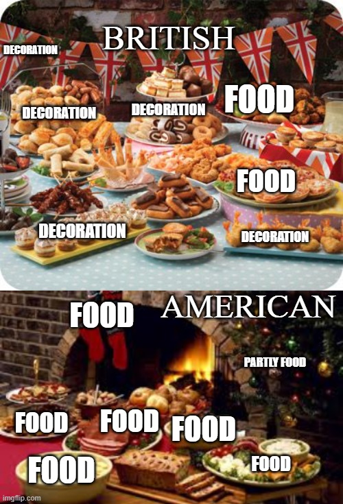food | BRITISH; DECORATION; FOOD; DECORATION; DECORATION; FOOD; DECORATION; DECORATION; AMERICAN; FOOD; PARTLY FOOD; FOOD; FOOD; FOOD; FOOD; FOOD | image tagged in funny,memes,christmas,american,british | made w/ Imgflip meme maker