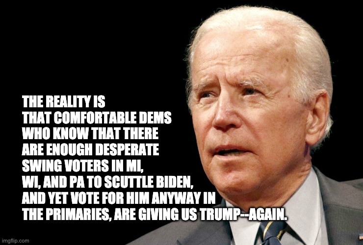 Comfortable Dems Suck | THE REALITY IS THAT COMFORTABLE DEMS WHO KNOW THAT THERE ARE ENOUGH DESPERATE SWING VOTERS IN MI, WI, AND PA TO SCUTTLE BIDEN, AND YET VOTE FOR HIM ANYWAY IN THE PRIMARIES, ARE GIVING US TRUMP--AGAIN. | image tagged in bernie sanders | made w/ Imgflip meme maker