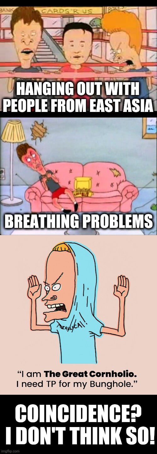 Where the coronavirus first started? | HANGING OUT WITH PEOPLE FROM EAST ASIA; BREATHING PROBLEMS; COINCIDENCE?  I DON'T THINK SO! | image tagged in memes,beavis and butthead,coronavirus,toilet paper | made w/ Imgflip meme maker