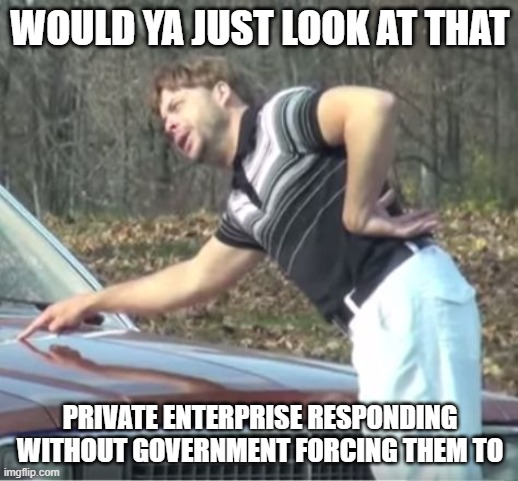 Would ya just look at that | WOULD YA JUST LOOK AT THAT PRIVATE ENTERPRISE RESPONDING WITHOUT GOVERNMENT FORCING THEM TO | image tagged in would ya just look at that | made w/ Imgflip meme maker