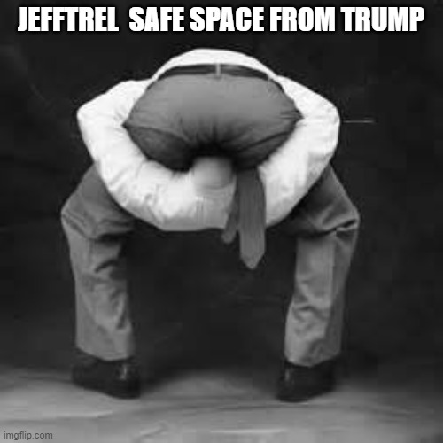 Head in ass | JEFFTREL  SAFE SPACE FROM TRUMP | image tagged in head in ass | made w/ Imgflip meme maker